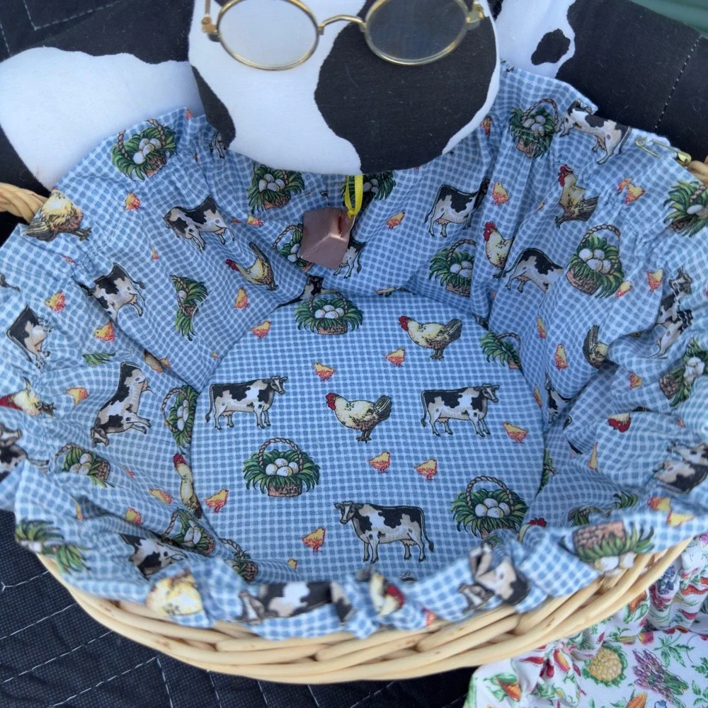 Vintage Farmhouse Cow Wicker Basket Set Country Decor Sunflower Gingham Liner